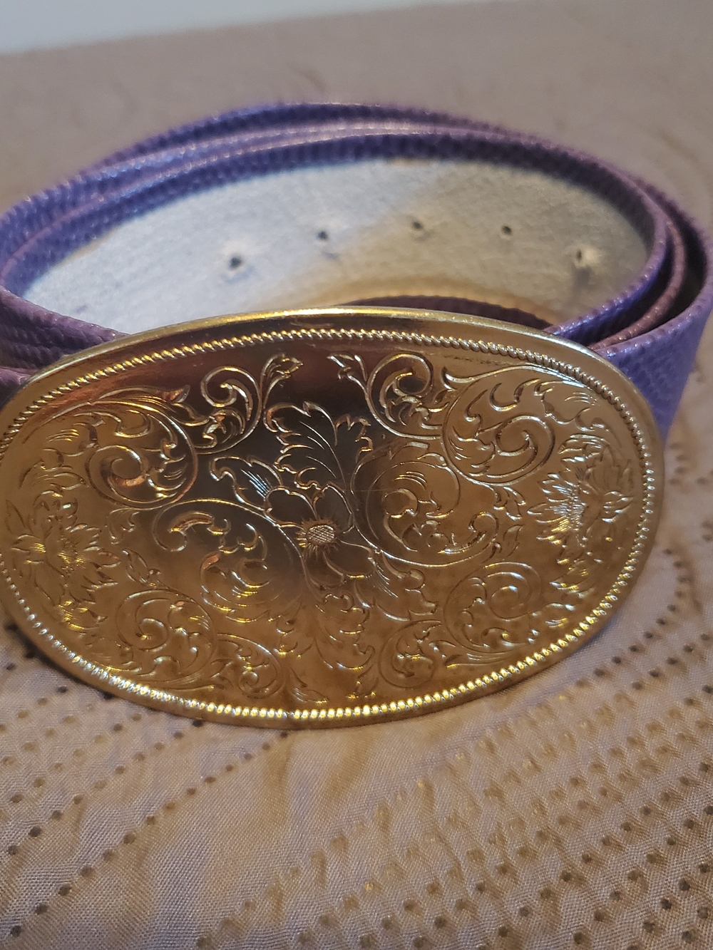 VTG 80s Maureen Elaine Beverly Hills Purple Faux Snakeskin Belt Gold Glam Buckle